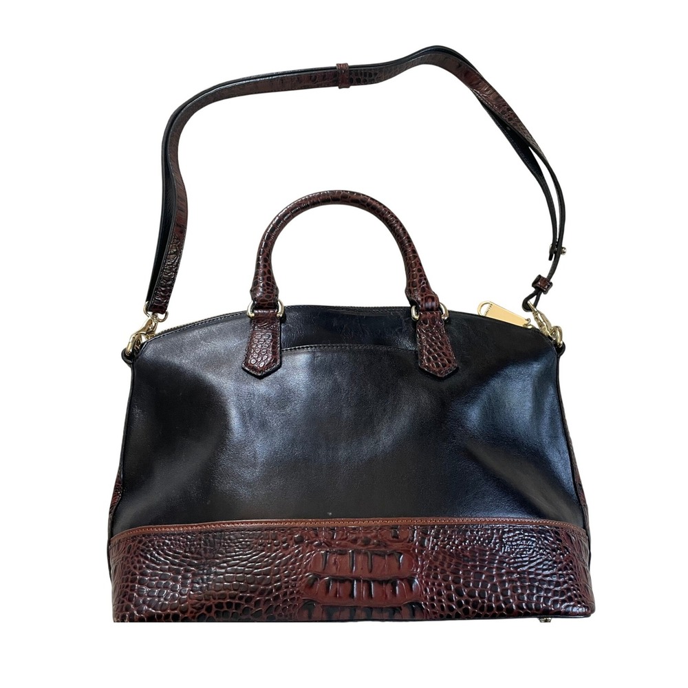 Brahmin Black Brown Croc Embossed Leather Satchel Shoulder Bag Handbag Gold Tone